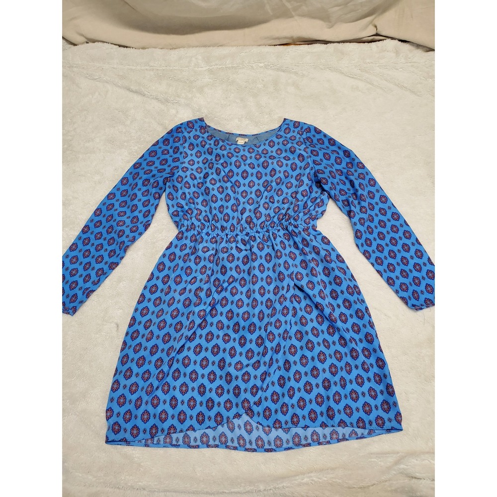 J. Crew Blue Floral Medallion Print‎ Long Sleeve Tulip Hem Midi Dress 8 Classic